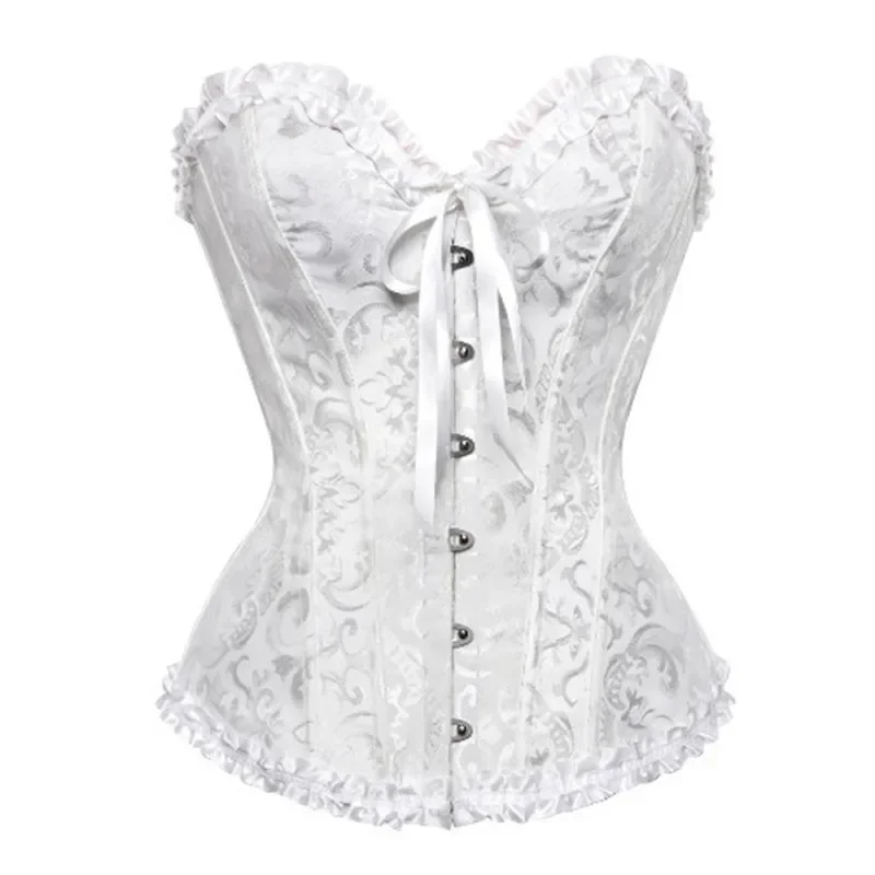 Women's Lace Cover Overbust Corset Vintage Floral Jacquard Lace Up Boned Lingerie Body Shaper Bustier Plus Size