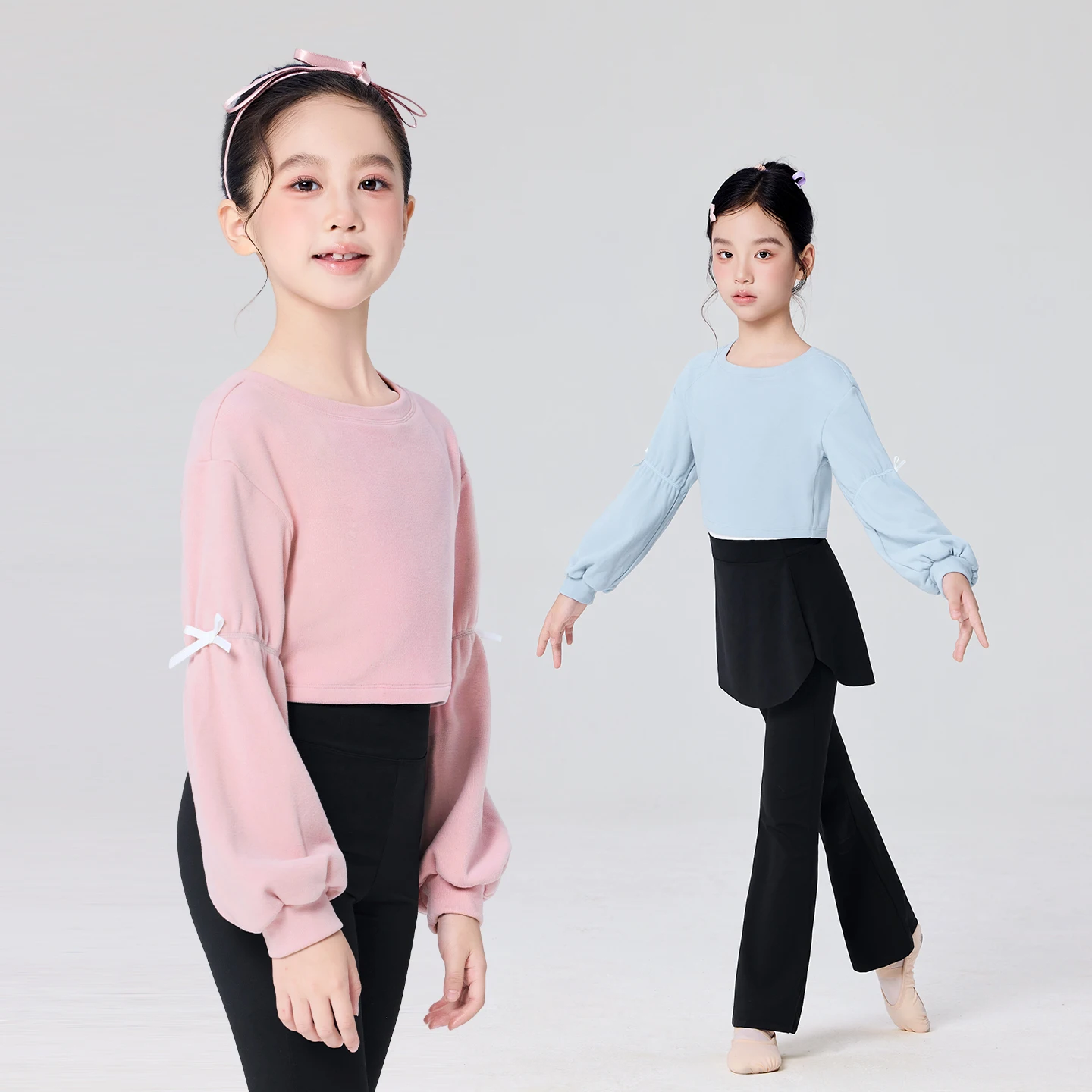 Hauts de danse de Ballet pour filles, col rond, manches lanternes, Costumes d'entraînement de Ballet, automne hiver, hauts quotidiens, chemisier de danse rose