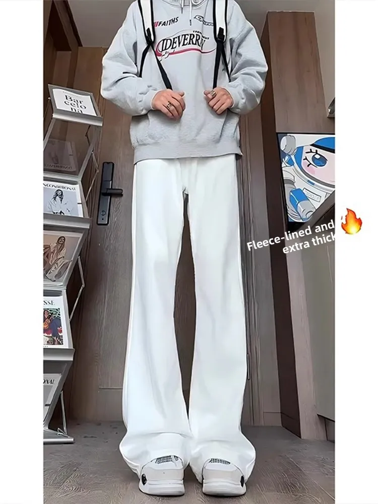 

Белые джинсы-клеш с подкладкой для мужчин, весна-осень, высокая талия, прямые брюки, стильные повседневные джинсы