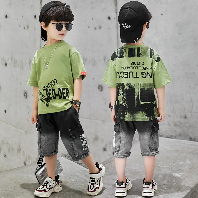 Boys Summer Kids Clothes Sets 6 8 10 12 14 Years Boy Sport Suit Print Short Sleeve T-shirt+Pants Teenager Boys Clothing Set