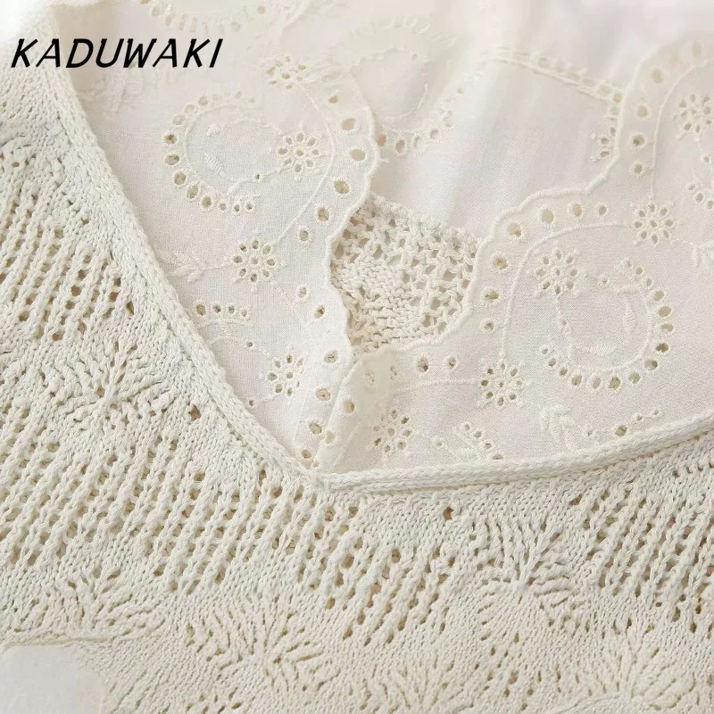 KADUWAK American Vintage V-neck Lace Canvas Pullovers Свитер Fashion Stacked Splicing Knit Sweater Casual Lingerie Tops 여성 반팔 니트