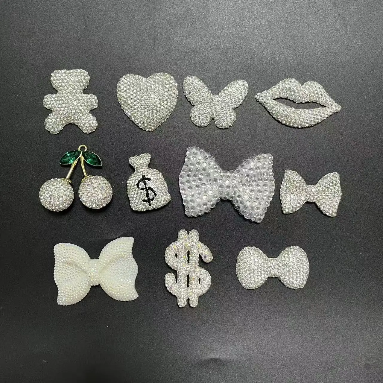 

2Pcs Bling White Series Clay Rhinestone Bear Butterfly Hollow Out Lip Bow Cherry Charms Junk Phone Case Decorations Bulk Supply