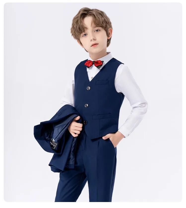 Boys Navy Blue Suit For Wedding Teenager Kids Formal Ceremony Tuxedo Dress Children Photograph Blazer Party Performance Costume