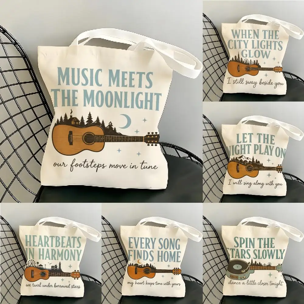 Retro Guitar Romance Storage Bags Canvas Tote Bag Women Large Capacity Reusable Eco Shopping Bag Shoulder Handbag