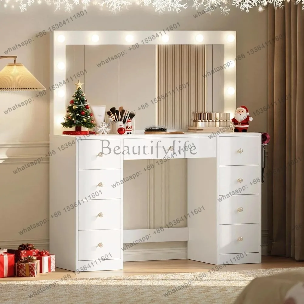 Illuminated Vanity Desk with HD Mirror, 12 LED Lights, 3 Modes, 9-Drawer Storage for Girls' Makeup，Customized