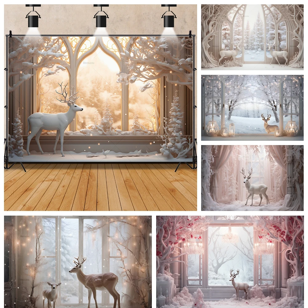 Christmas Pink White Mysterious Elk Snow Scene Gift Kid Family Party Backdrop Custom Baby Kid Room Photo Poster Decor Background