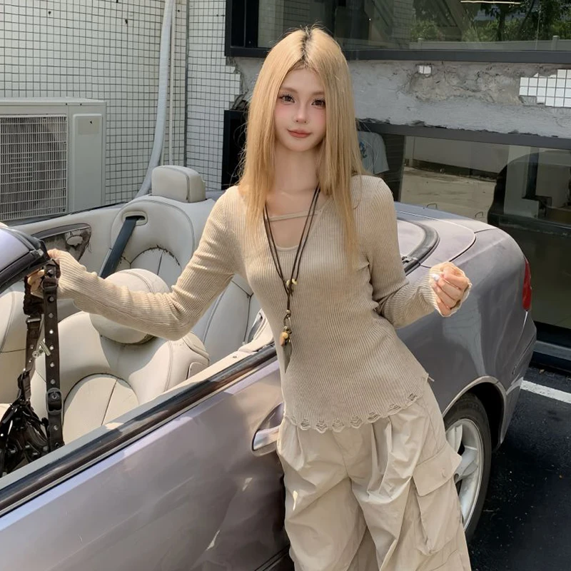 Zerrissene Pullover Frauen Langarm Tops einfarbig lässig Basic Pullover