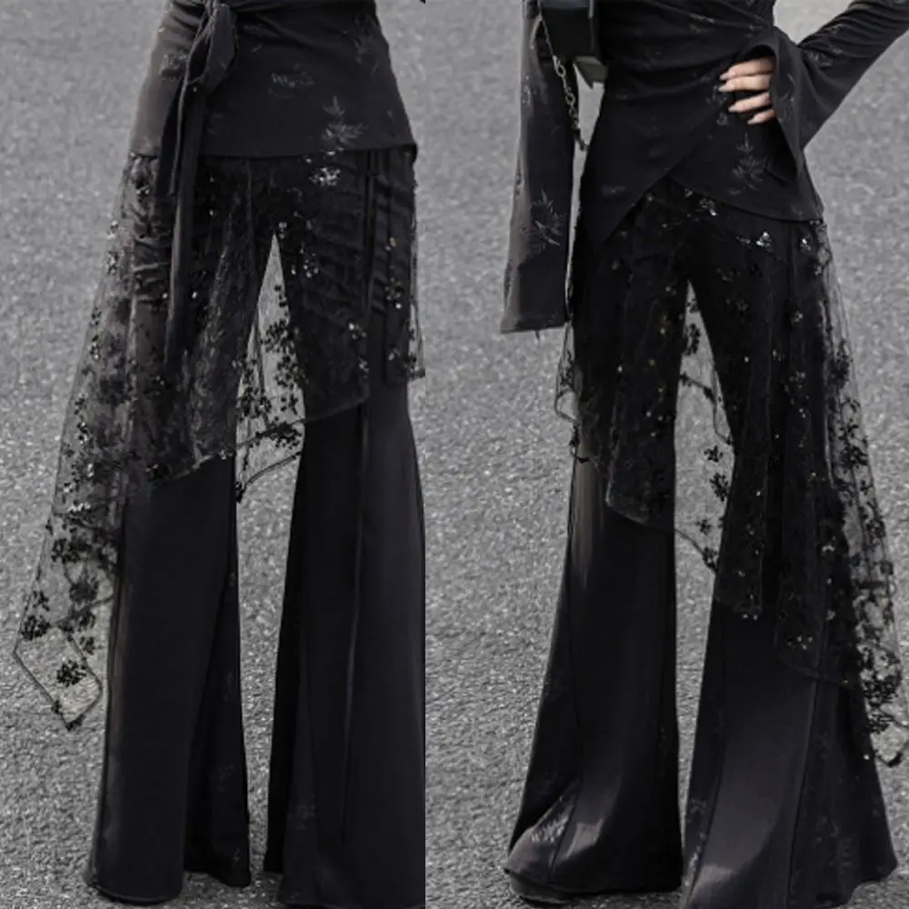 High Waist Lace Midi Skirt Embroidered Flower Irregular Side Slit Lace Drawstring Skirt Y2K Streetwear Black Color