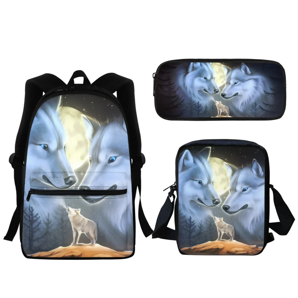 

3D Wolf Fashion Print Backpack Kids Cute Animal Pattern School Bag Boys Girls Travel Shoulder Zipper Backpack Pencil Pouch Gift