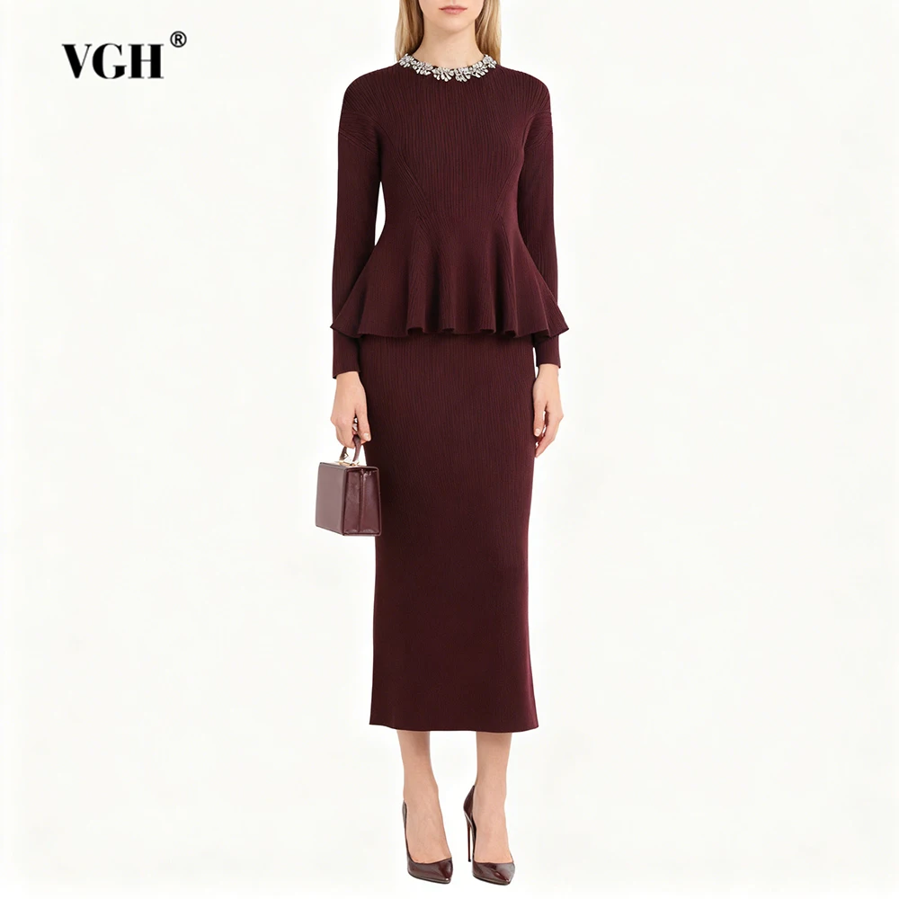 

VGH Elegant Solid Knitted Two Piece Sets For Women Round Neck Long Sleeve Top High Waist Skirt Autumn Temperament Set Female New