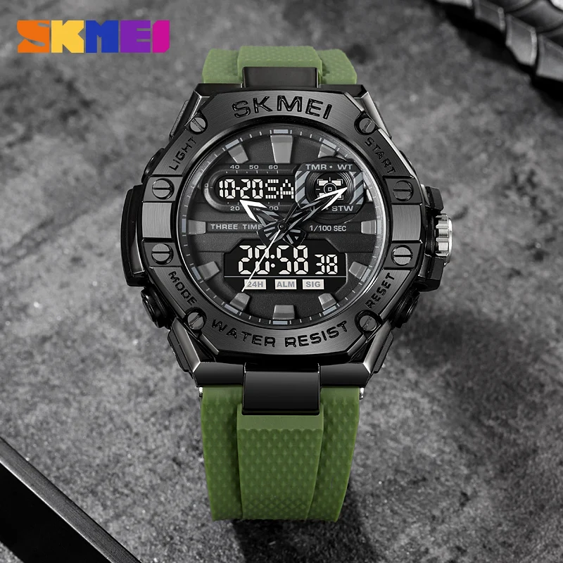 SKMEI Digital Long Strap Green Body orologio da uomo elettronico genuino tre volte cronometro conto alla rovescia 2221
