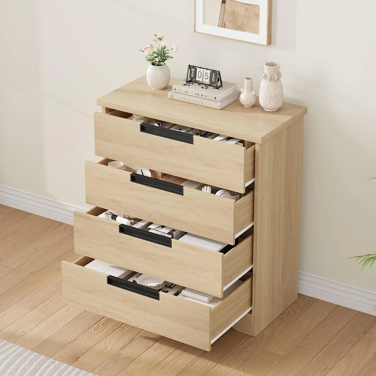 4 Drawer For Bedroom Natural Chest Of Drawers With Embedded Handles Design Closet Organizer For Living Room Hallway
