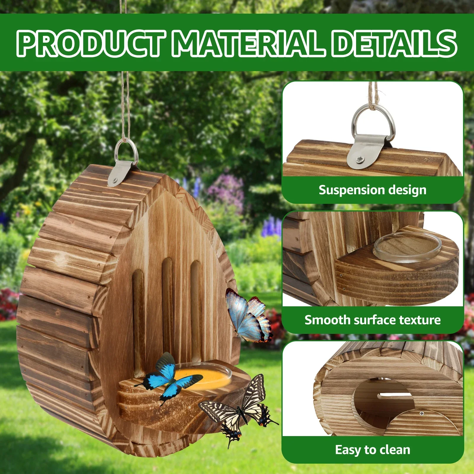Hängendes Holz-Bienenhaus Schmetterlingsfutterspender mit Seil Dekorativer Bienen-Nistkasten Multifunktionaler Motten-Habitat für Garten und Balkon – Detail 3