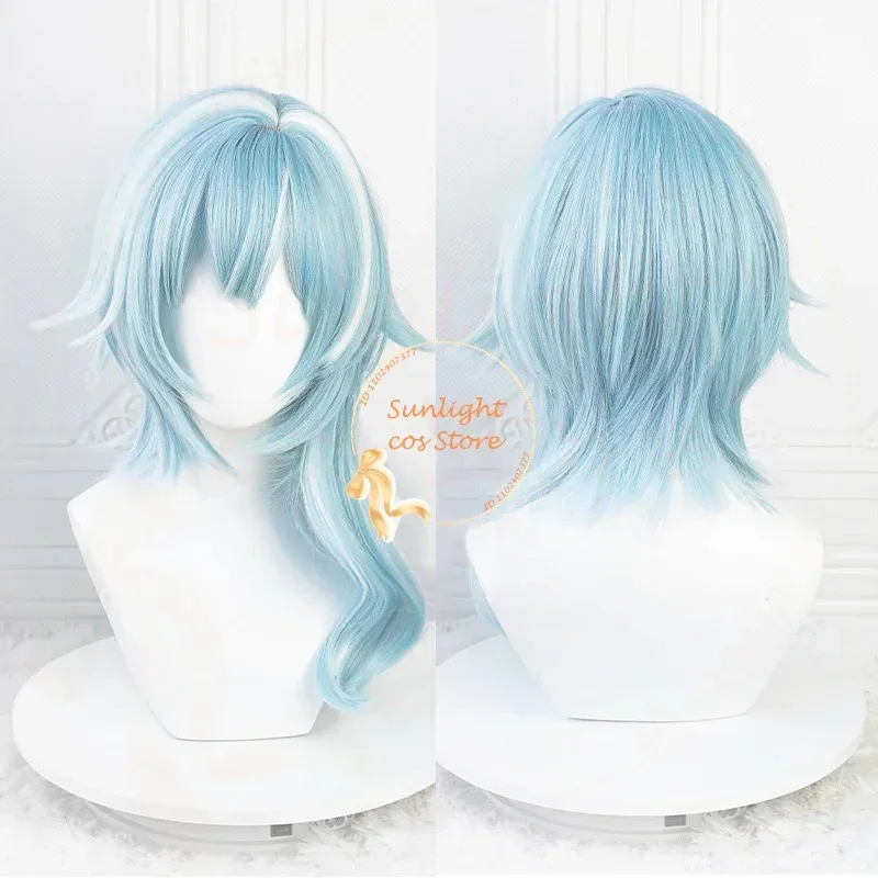 Peluca de Cosplay Eula, peluca blanca azul de 48cm, pelo sintético resistente al calor, pelucas de Anime + gorro de peluca