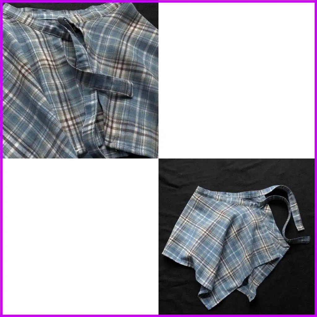 

Vintage Plaids Faux Shirt Hem Half Body Wrap Skirt Streetwear Hiphop Layering Line Overskirt Tie Up Asymmetrical Scarf