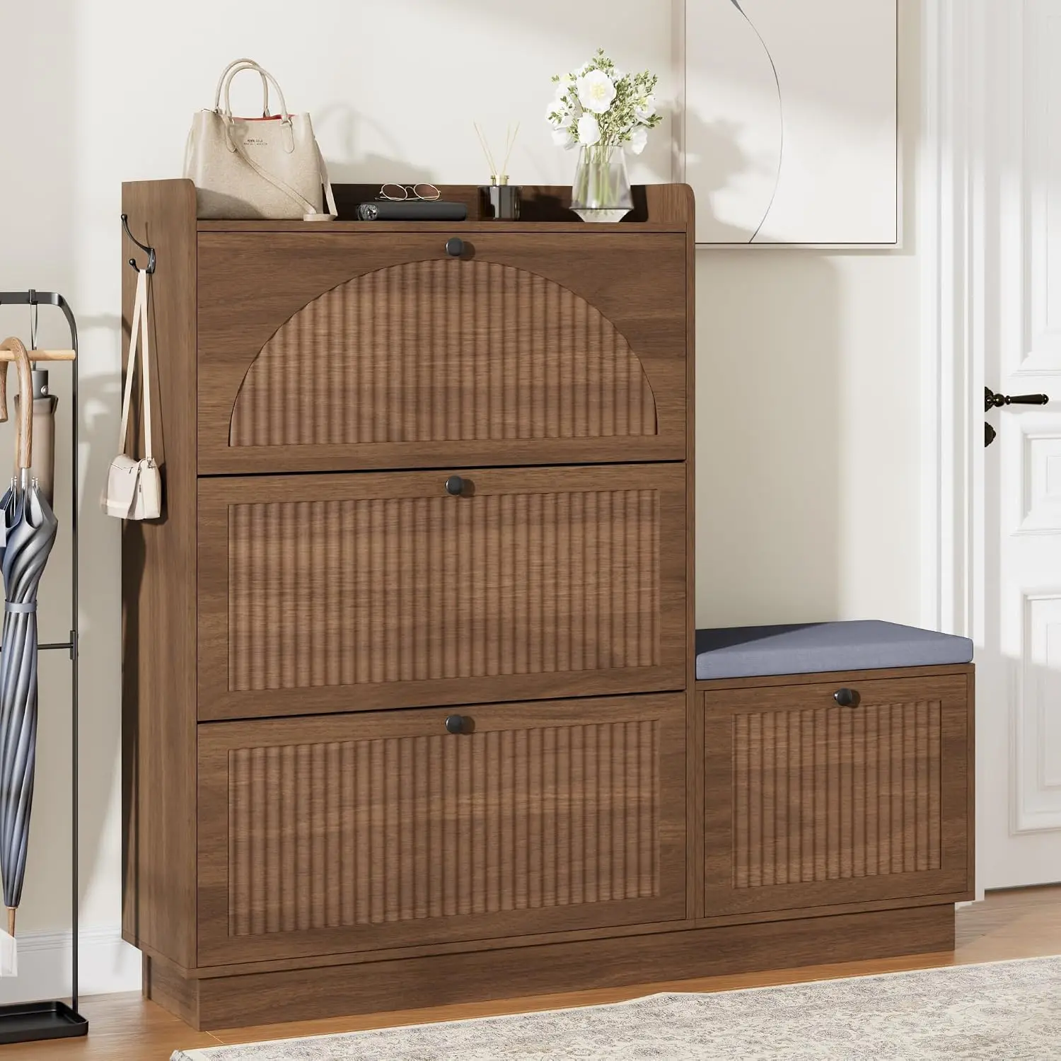 Walnut Shoe Storage Cabinet 4 Flip Drawers Hidden Organizer Bench with Hooks for Entryway Hallway Living Room, Customized