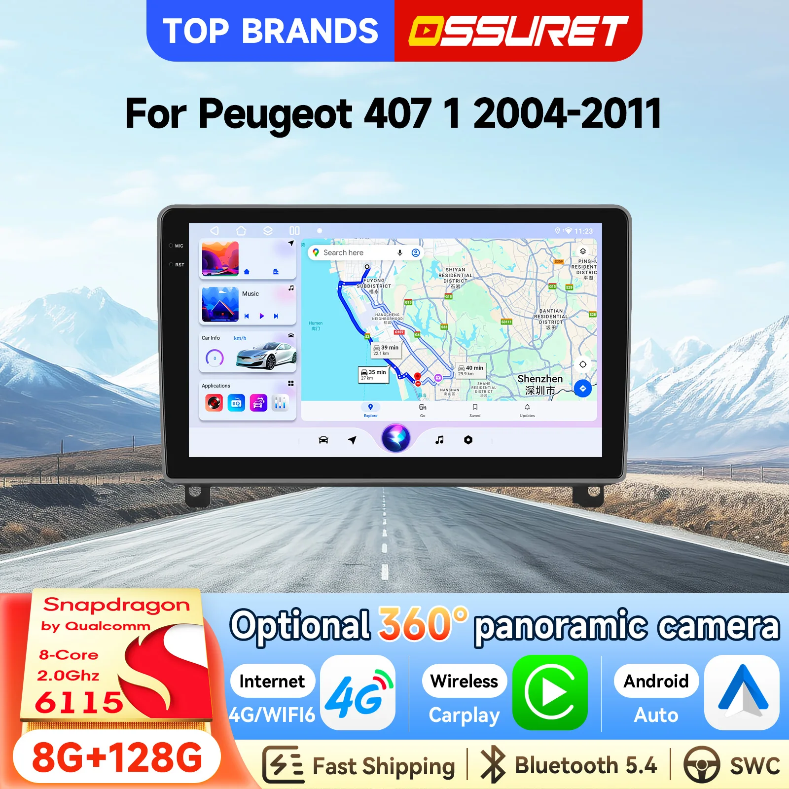 OSSURET Bestseller 9'' 6115 Android 15 Auto-Infotainment-Radio für Peugeot 407 1 2004-2011 Haupteinheit 8-Kern 2,0GHz DSP Audio Bluetooth SWC Optional 360 °   Panoramakamera Schneller Versand