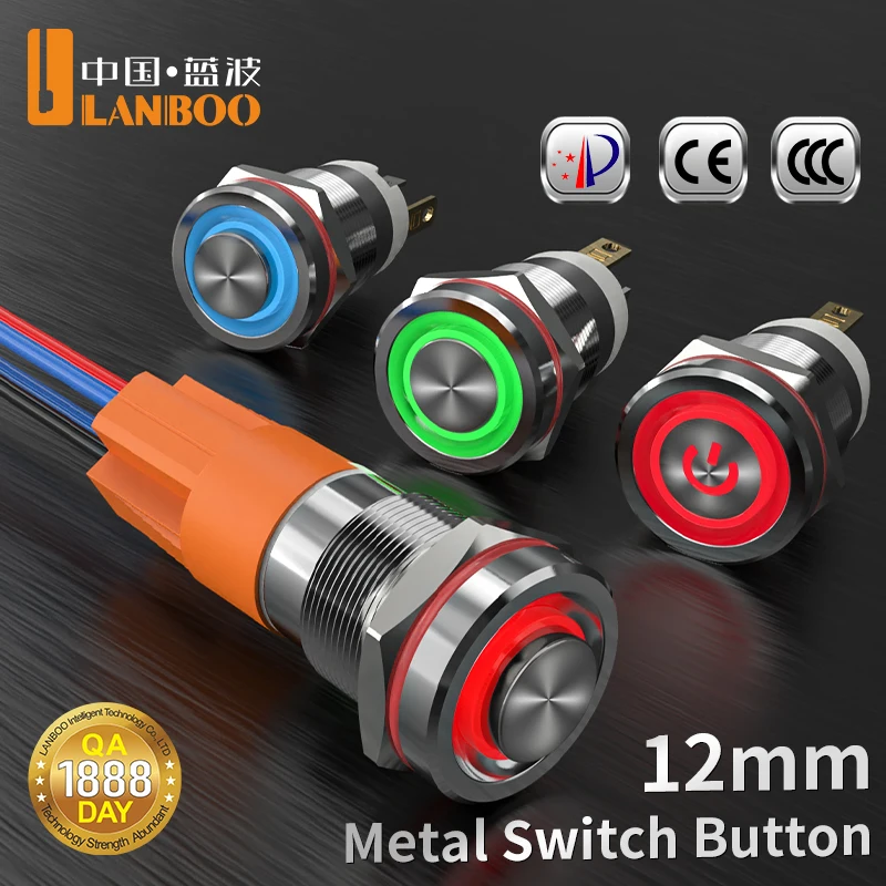 

LANBOO 12mm 7A high current 4 pin switch waterproof IP67 latching or momentary micro metal push button switch with LED 24V220V