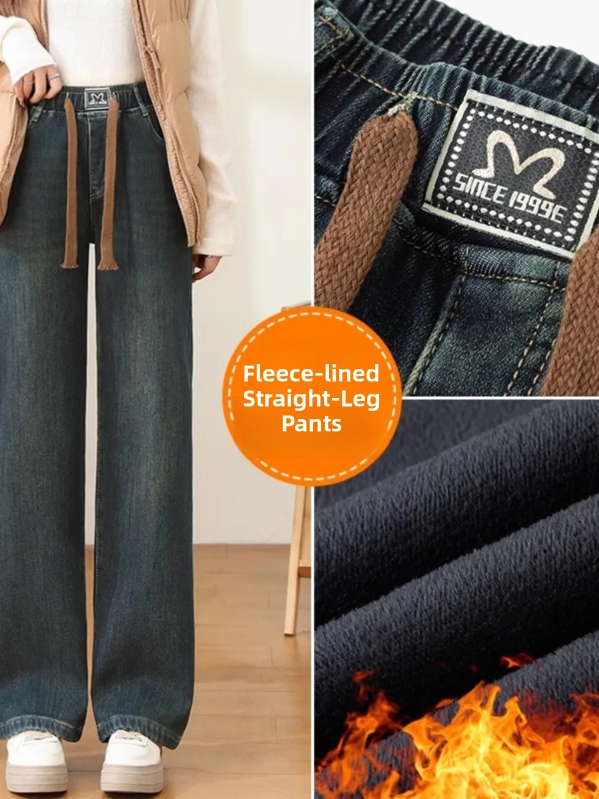 

Зимние джинсы Thiened Fce, широкие брюки с высокой талией, прямые брюки с эластичной резинкой на талии для девочек младших и старших классов