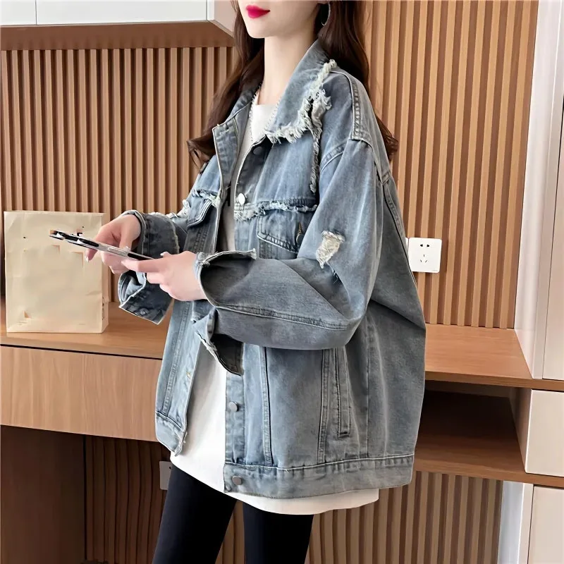 

2025 Female Broken Jeans Coat Retro Ladies Fashion Loose Denim Tops Jacket Autumn Women Leisure Long Sleeves Cowboy Outwear