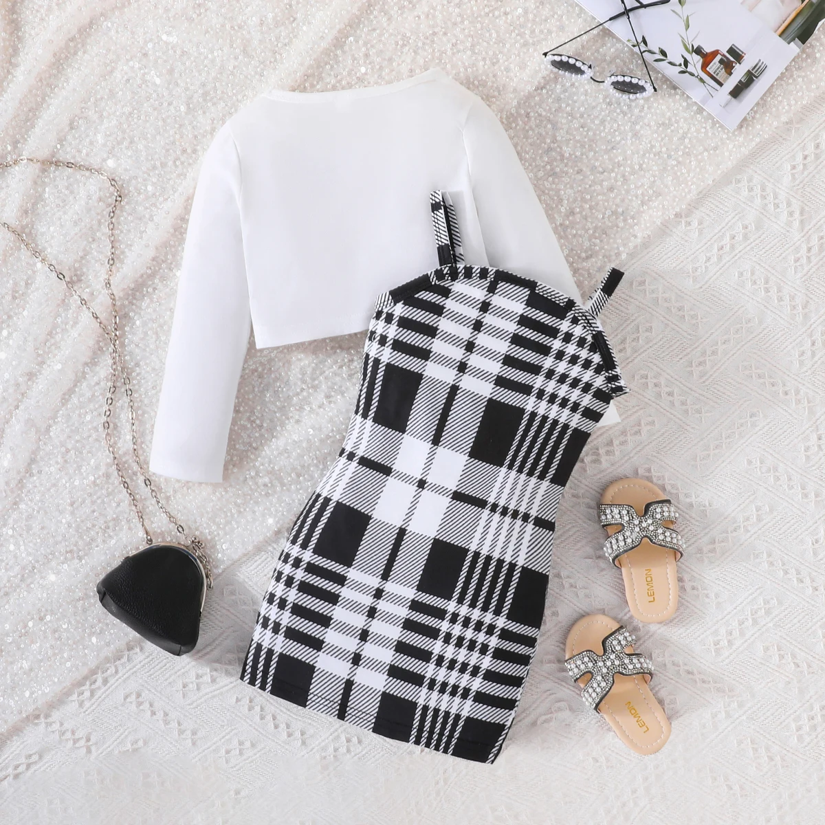 2Pcs Clothing Set For Kid Girl 2-7 Years old Long Sleeve Top Plaid Suspenders Skirt Princess Dresses Summer Outfit For Baby Girl