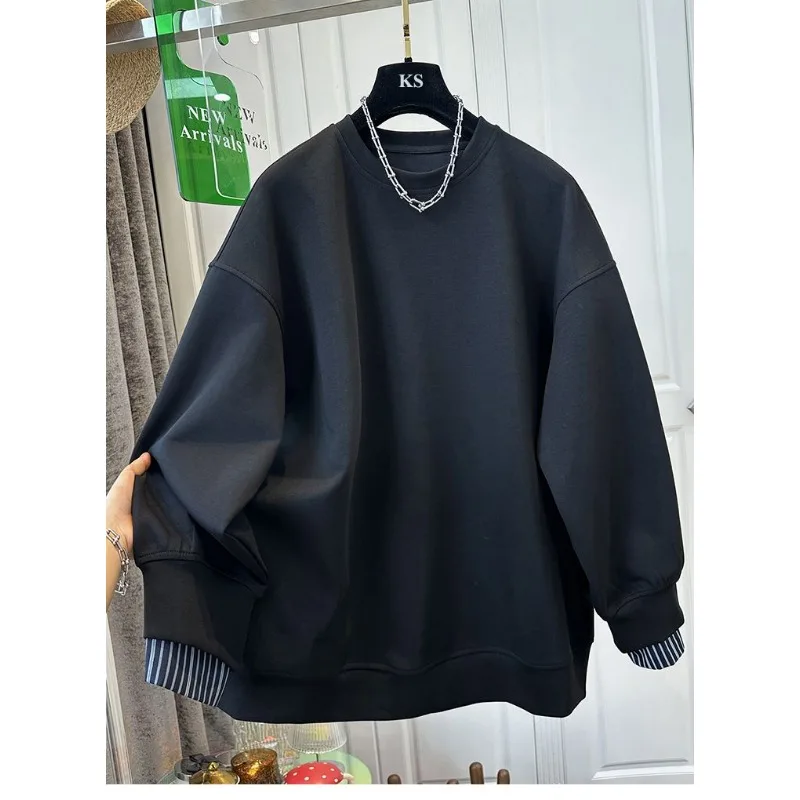 Camicia a righe in due pezzi finta a contrasto stile americano con felpa girocollo per top casual ampio invernale da donna