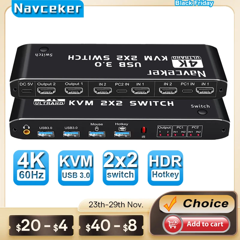 Navceker z wejściem HDMI, przełącznik KVM 4K 60Hz 2 Port podwójny Monitor USB 3.0 przełącznik KVM USB 1080P przełącznik KVM przełącznik HDMI z portu