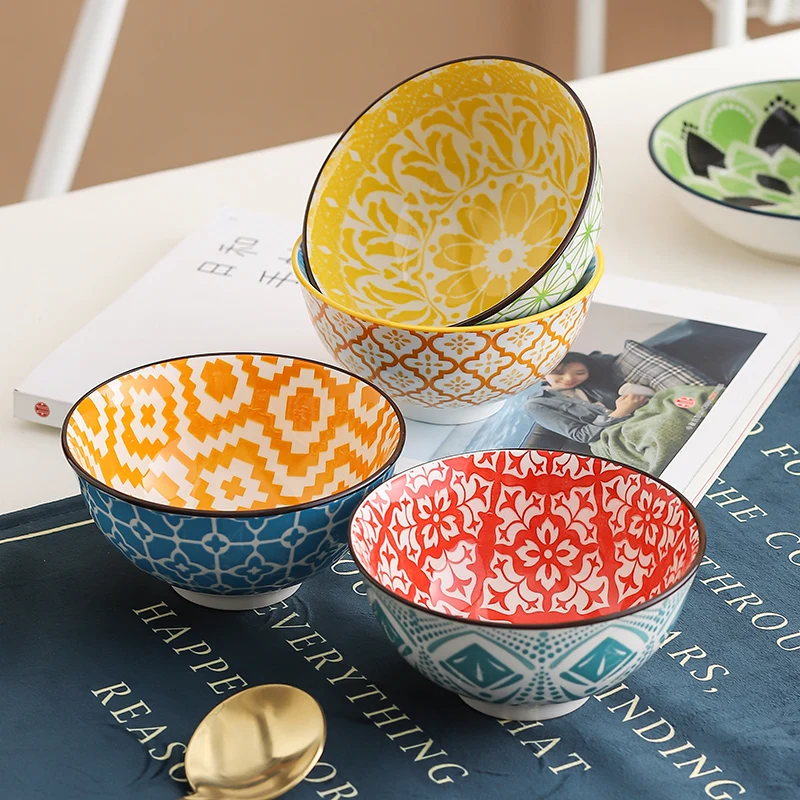 4-Piece Bohemian Ceramic Bowl Set - Salad, Dessert, Soup, Fruit, Appetizer & Snack Nut Bowls, Dishwasher & Microwave Safe