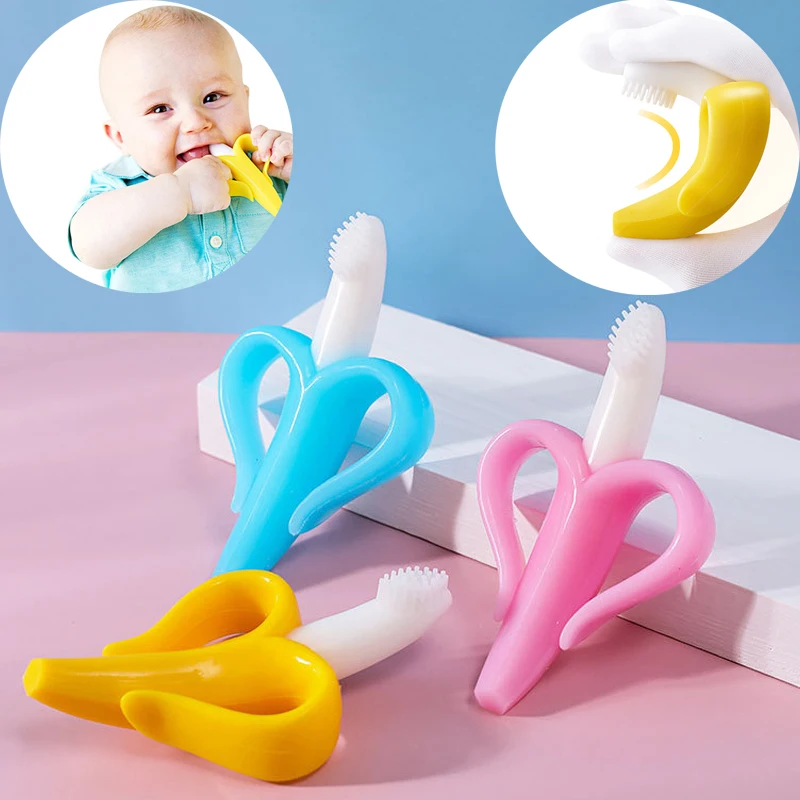 Escova de dentes de banana para bebê e criança, feita de silicone macio, comestível, seguro, seguro, não tóxico, bom como presente