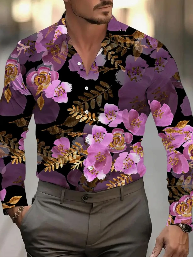 2025New Men's Summer Cotton And Linen Lapel Beach Shirt Long Sleeve Solid Color Hawaiian Holiday Clothing Rose Pattern Shirt