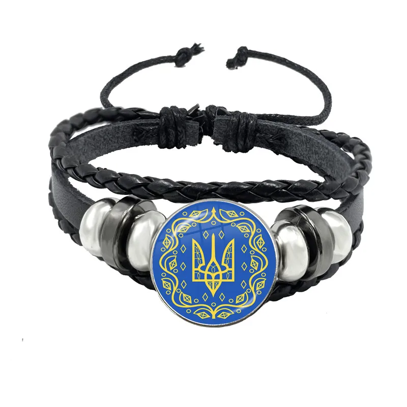 Tryzub Ukraine Button Leather Bracelet Ukrainian Rune Vintage Patterns 20mm Glass Cabochon Jewelry for Men Women Classic Gift