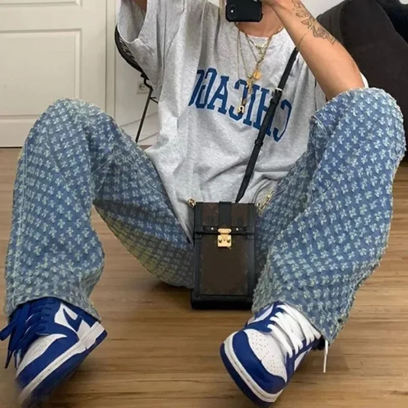 Women Vintage Denim Pants High-Waist Trousers Hollow Ripped Party Club Loose Straight Jeans Bottoms 90s Aesthetic Streetwear