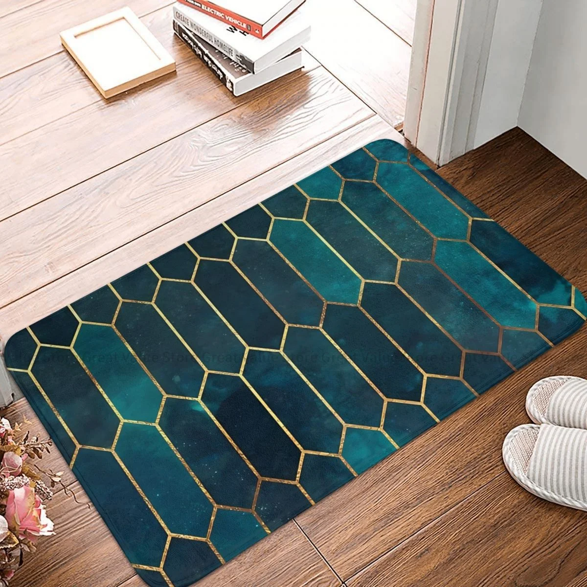 Geometry Pattern Kitchen Non-Slip Carpet Deep Teal And Blue Gold Living Room Mat Welcome Doormat Home Decor Rug