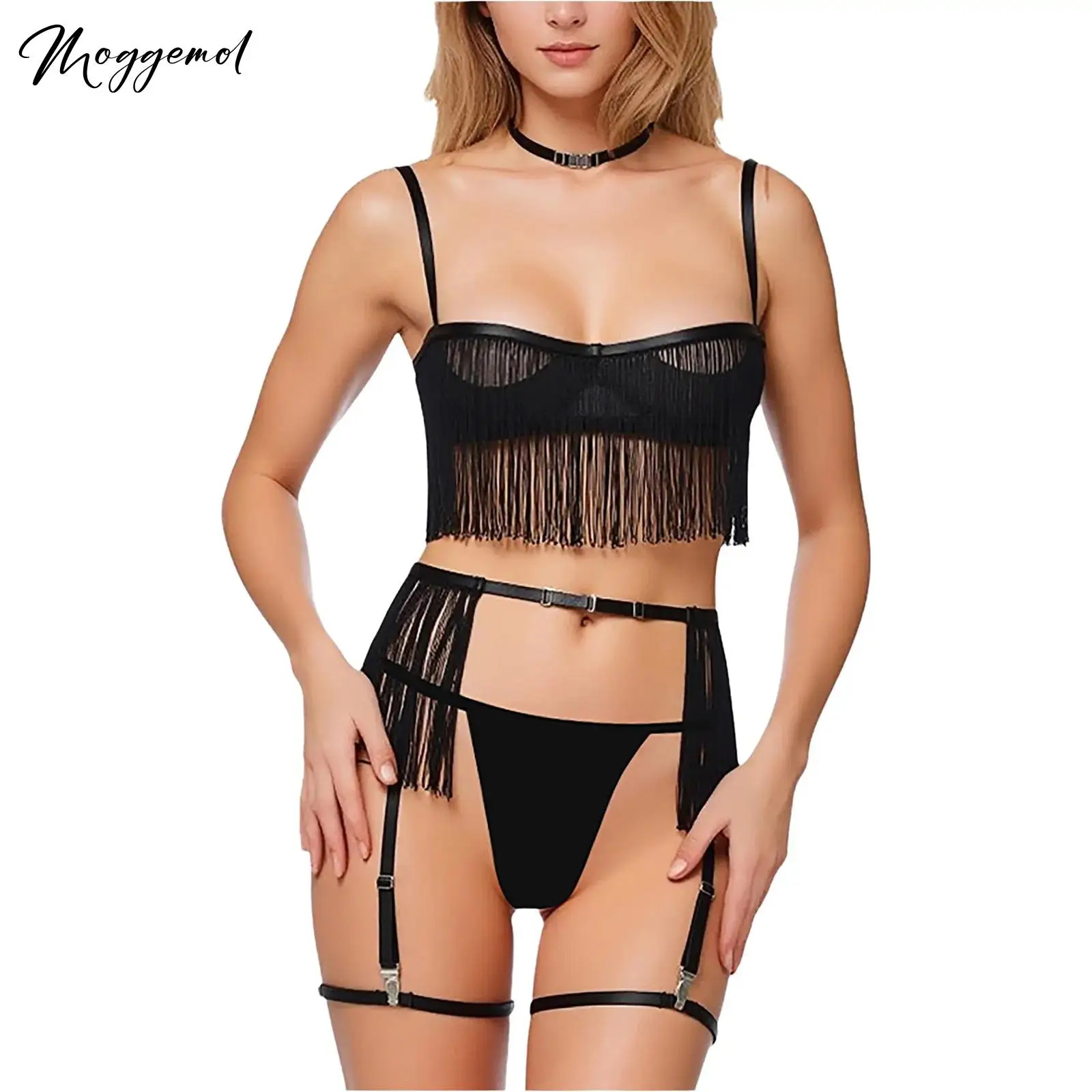 

Womenes Sexy Tassel Lingerie Set Cut Out Cup Underwire Push Up Bra T-back Thong Fringe Skirt with Garters And Choker Thigh Bands