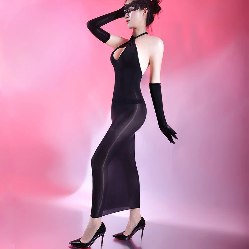 

Сексуальное платье-чулки с открытой грудью и бретелькой на шее, платья с гладкими эротическими перчатками, женское сексуальное белье, 5D чулок для тела, обнимающие юбки