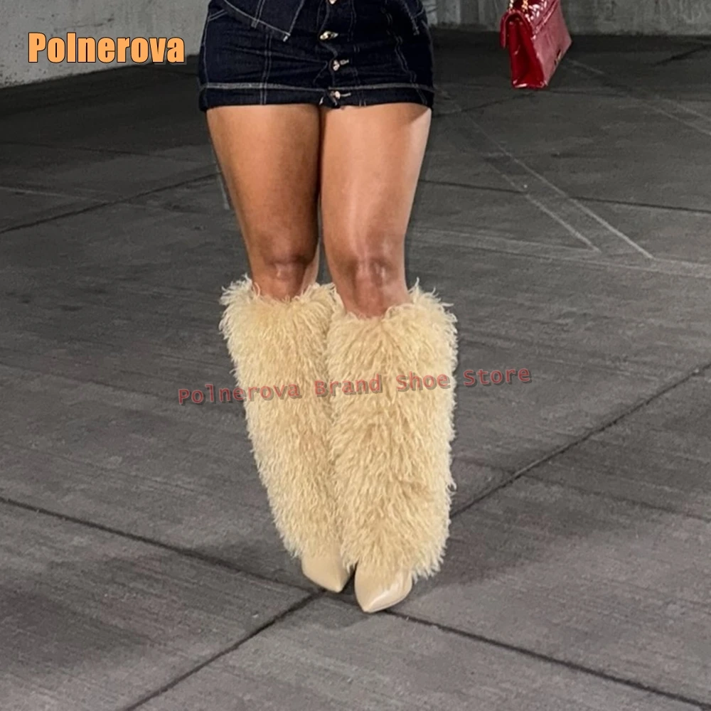 الفراء الأبيض مثير حذاء برقبة للركبة أشار تو خنجر سحب على الصلبة المرقعة الشارع نمط حار فتاة الجوارب الموضة 2025 الشتاء #4