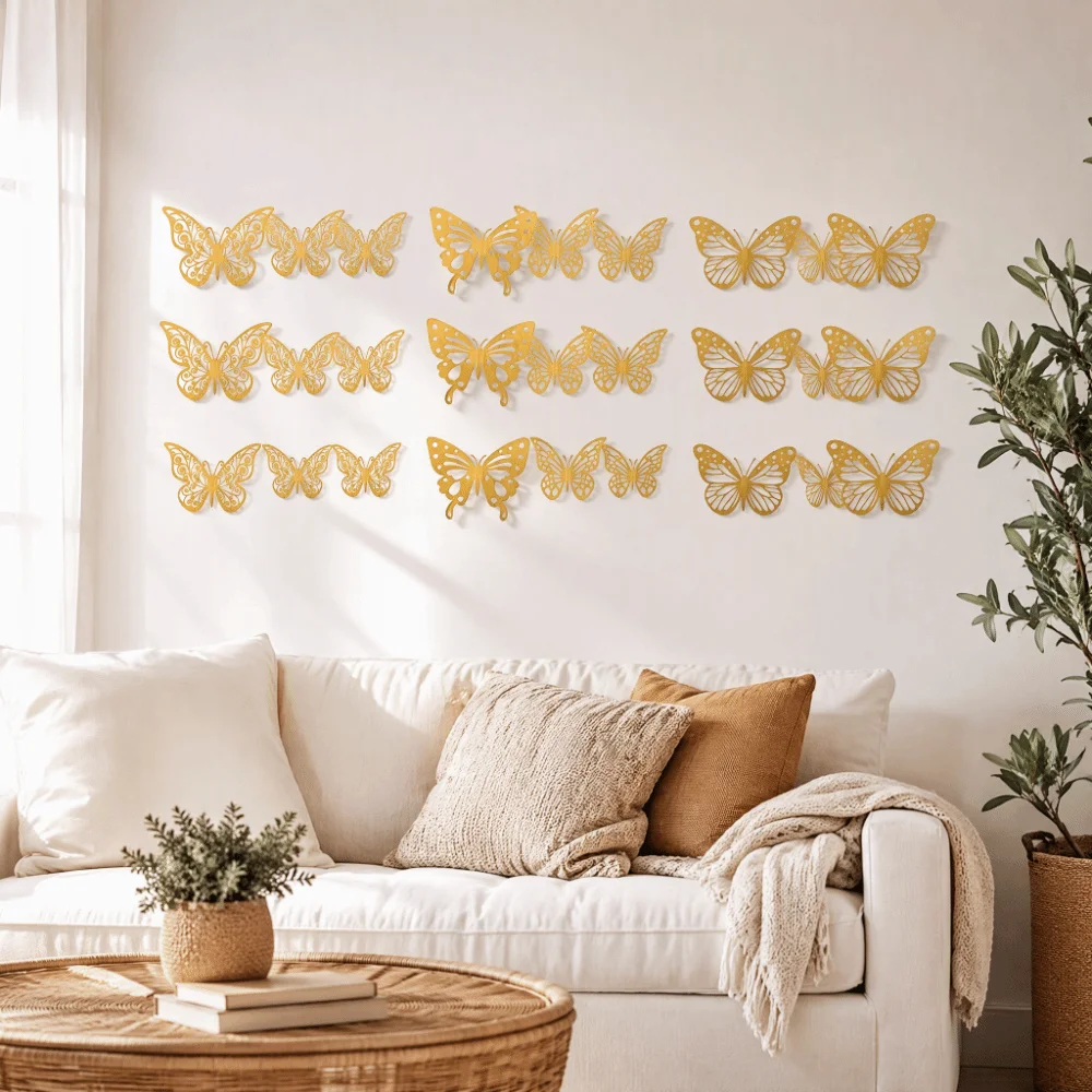 72Pcs Hollow Design Butterfly Wall Stickers Easy Cleaning 3 sizes 3D Butterfly Wall Decor Vivid Color 3D Butterfly Sticker