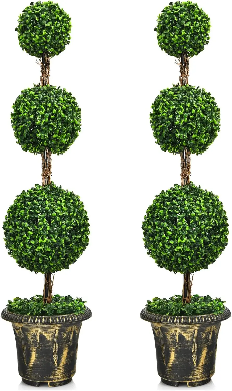 4 Ft 2 Pack Artificial Boxwood Topiary Tree, Fake Greenery Plants Ball Tree, Leaves & Cement-Filled Plastic Flower Pot