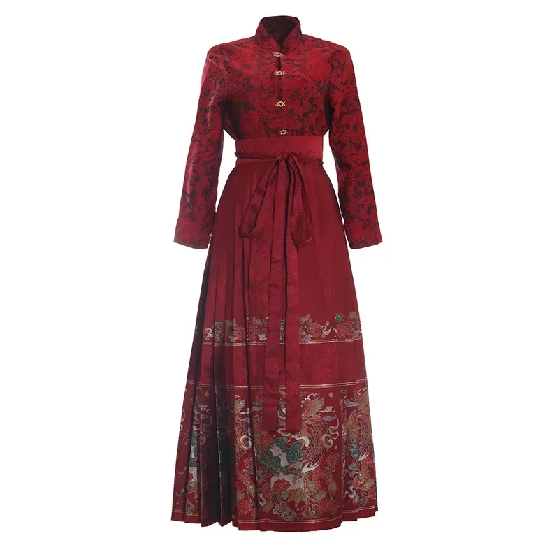 Chinese Style Festive Women Hanfu Embroidery Horse-Face Skirt Long Sleeve Stand Collar Red Shirt Cosplay