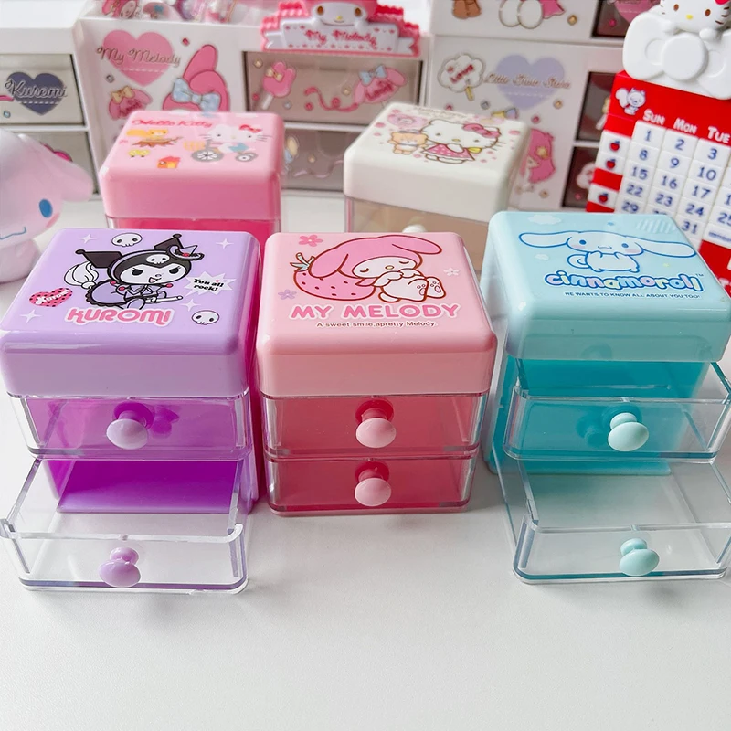 Sanrio Hello Kitty Double Drawer Jewelry Storage Box Cartoon Melody Double Layer Jewelry Stickers Desktop Pen Holder Girls Gifts