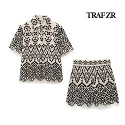 TRAF ZR Coton Embroidery Short Sets Elegant Fashion Short Sleeve Women's Sets 2 Piece Sets Women Summer Outfit Women's Suit