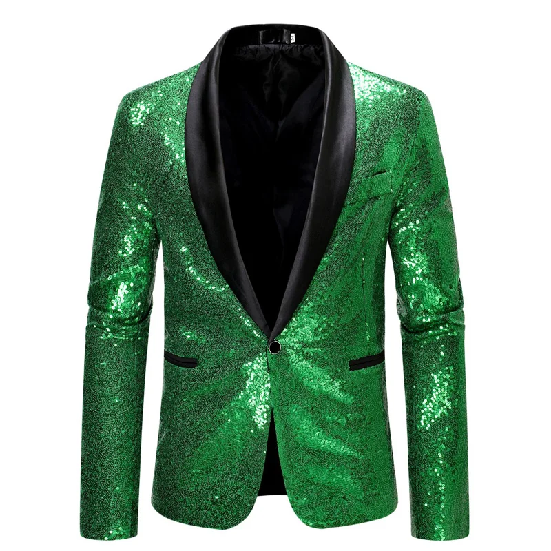 Fashion Men Luxurious Sequin Suit Jacket Green / Silver Men\'s Bar KTV Stage Dress Male Blazer Coat