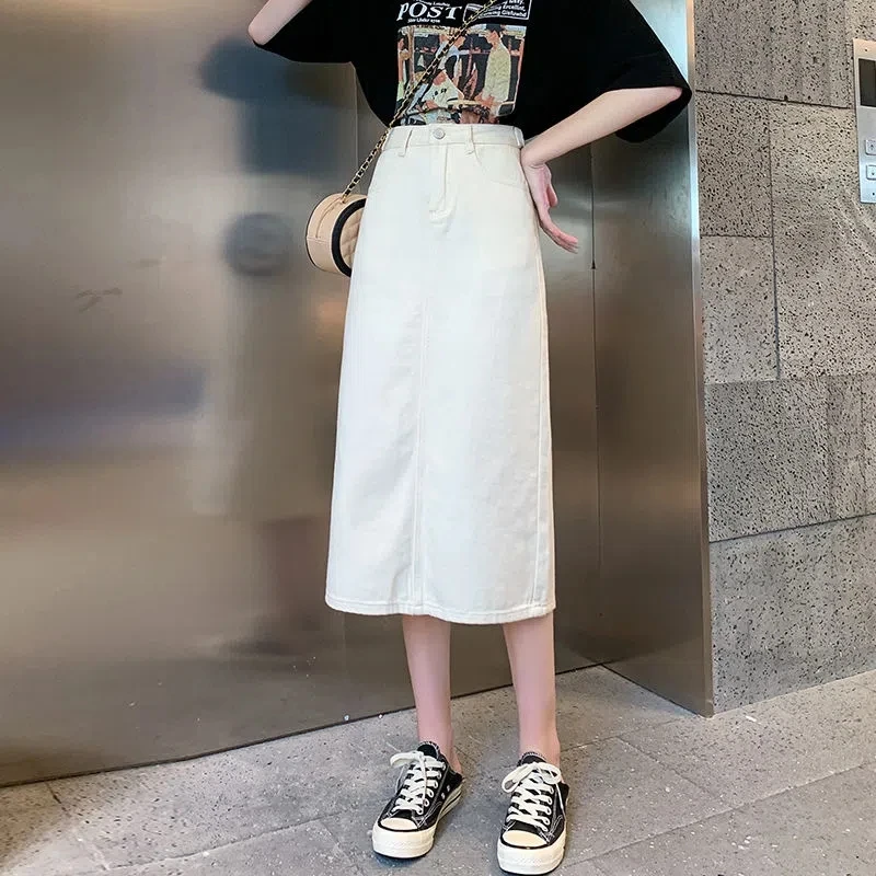 High Waist Denim Skirt Midi Elegant Summer Straight Bodycon Long Jeans Skirt Women Solid White Vintage Split