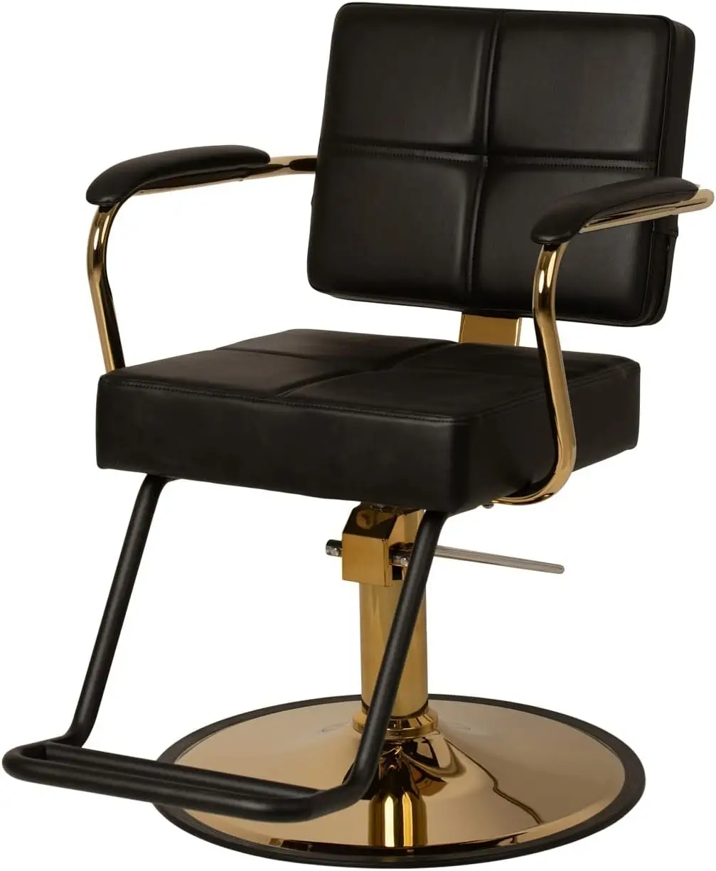 Buy-Rite Victoria Styling Chair para salones profesionales y barberos, estructura dorada, vinilo premium liso totalmente negro con detalles