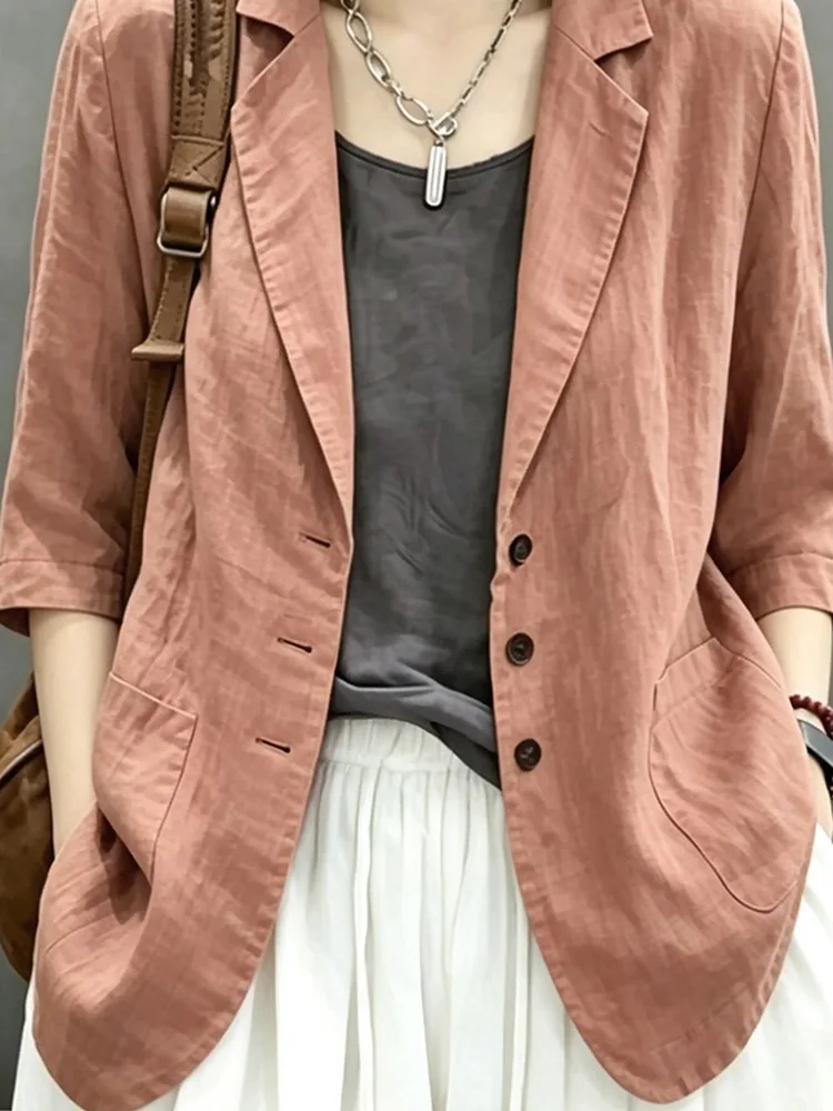 Elegant Cotton Linen Five-Quarter Sleeve Suit Jacket Women Summer Thin Loose Casual Large Size Linen Top Commute Style