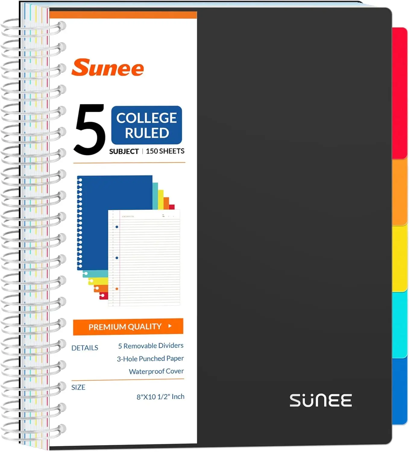 

Блокнот на 5 предметов с разъемными разделителями, 300 линованных страниц, прочная обложка из полипропилена для офиса или школы