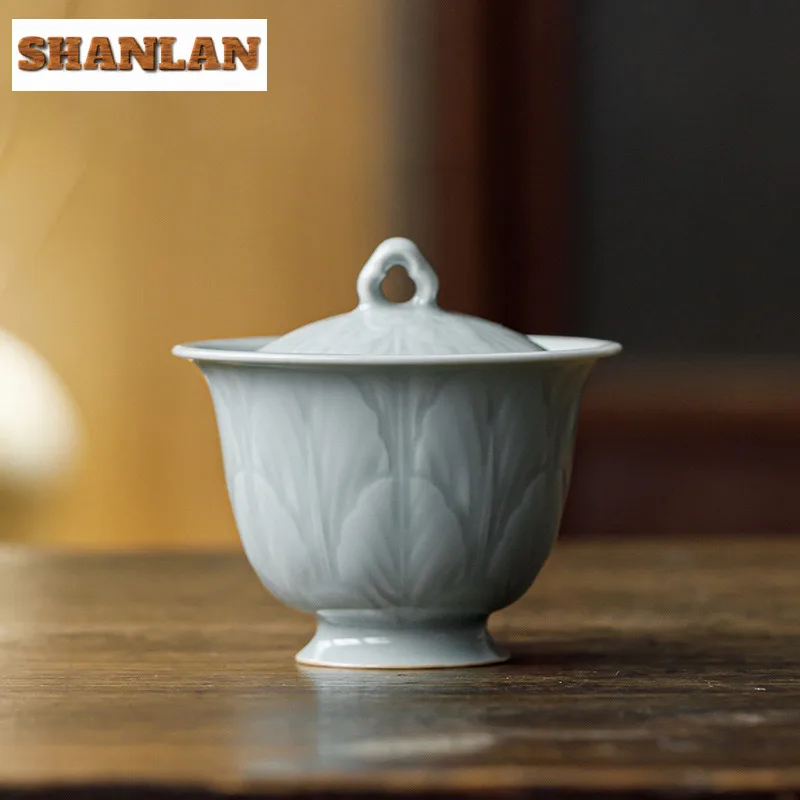 105ml Relief Sky Blue Ru Porcelain Gaiwan Handmade Tea Tureen Tea Bowl with Lid Kit Tea Making Cover Bowl Tea Items Craft gift