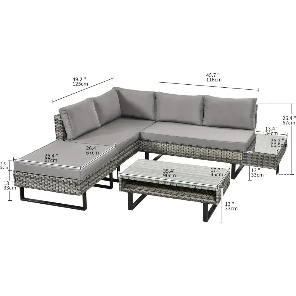 

4 Pieces Patio Furniture Set, PE Rattan Sectional L-Shaped Sofa for Backyard Poolside Porch, Wicker Conversation Se