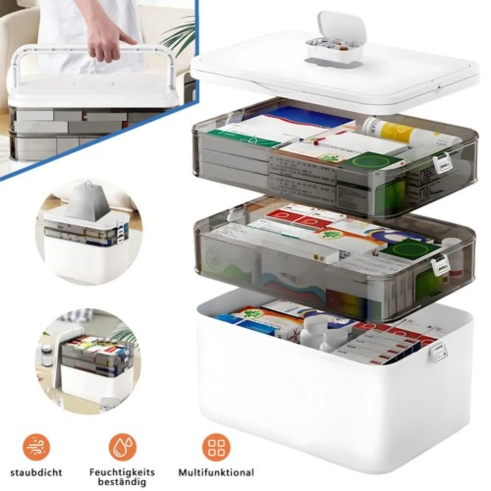 Boîte de rangement séparée en trois sections, dotée de deux poignées de transport confortables, étui organisateur multi-compartiments pratique, conteneur de rangement idéal pour organiser les médicaments, les cosmétiques, la papeterie scolaire et les mini-outils.