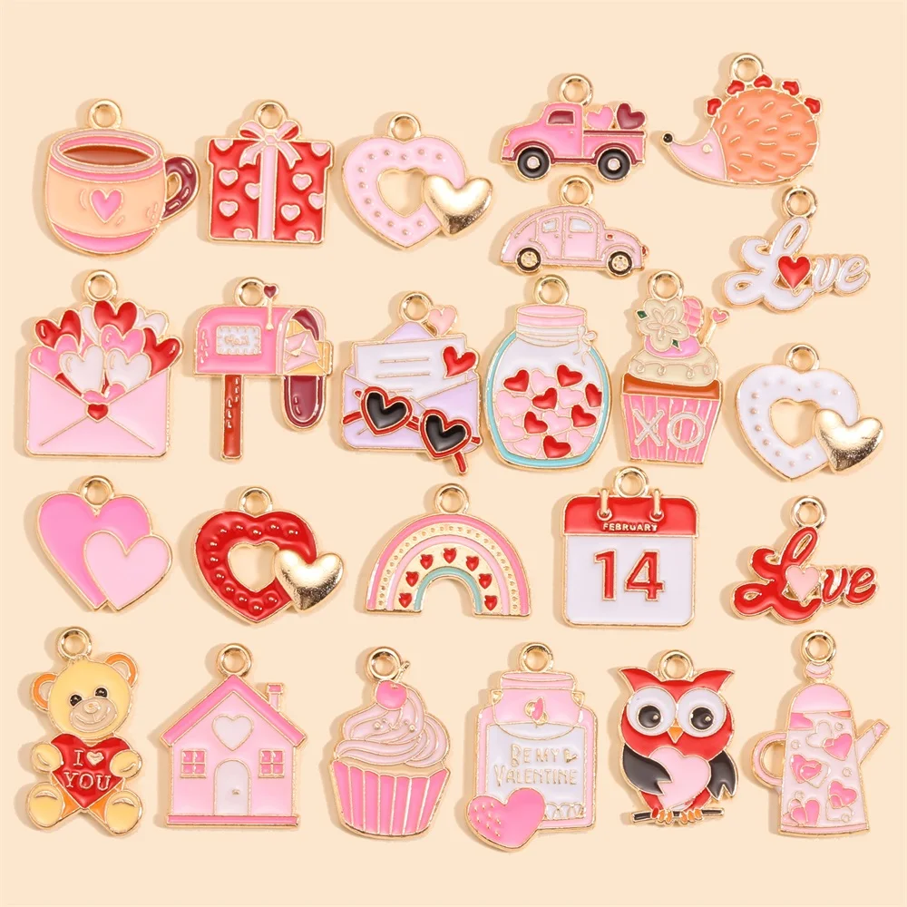 24 стиля, милые маленькие подвески на День святого Валентина, эмалированные любовные письма, автомобиль, подарок, подвески в форме сердца для женщин и девочек, изготовление романтических ювелирных изделий своими руками